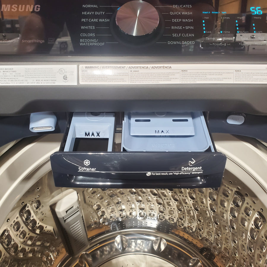 Samsung 5.4 cu. ft. Smart Top Load Washer with Pet Care Solution WA54CG7150AD - Scratch & Dent (Moderate) and Samsung Brushed 7.4 cu. ft. Smart Vented Electric Dryer with Pet Care Dry and Steam Sanitize+ WA54CG7150AD - Scratch & Dent (Minor)