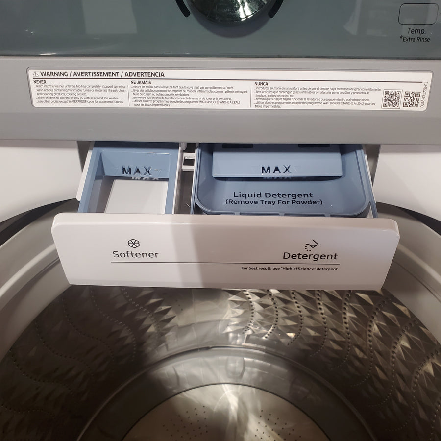 Samsung 4.5 cu. ft. Top Load Washer with Vibration Reduction Technology+ in White WA45T3200AW - Certified Refurbished and Samsung 7.2 cu. ft. Electric Dryer with Sensor Dry in White DVE45T3200W - Scratch & Dent (Minor)