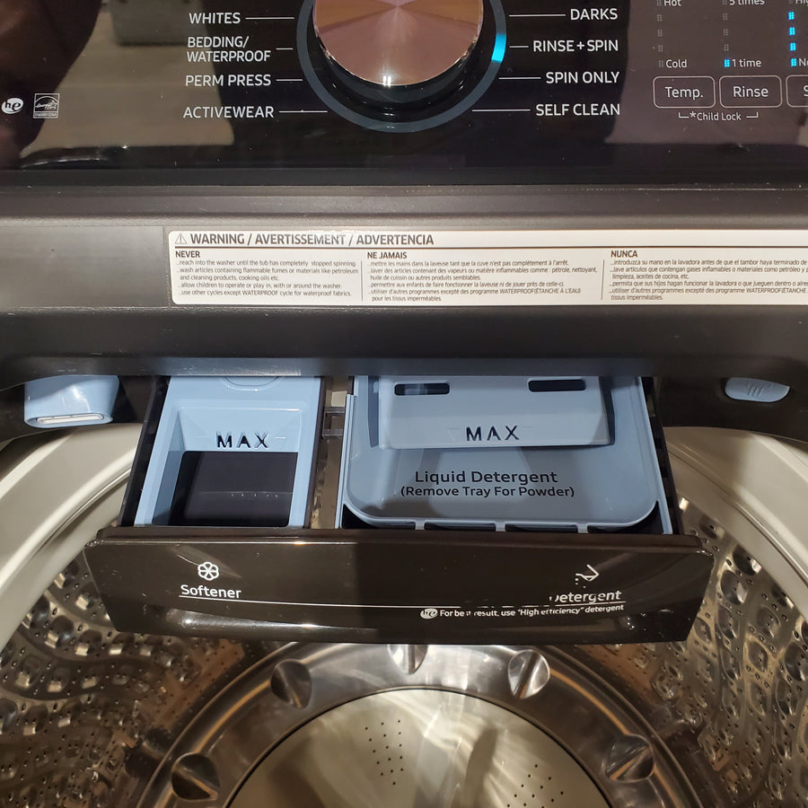Samsung Stainless Steel 5.0 Cu. Ft. Washer with SuperSpeed and Active WaterJet WA50R5400AV - Certified Refurbished and Samsung Electric 7.4 Cu. Ft. Dryer with PetCare Dry and Steam Sanitize+ DVE54CG7150D - Scratch and Dent (Moderate)