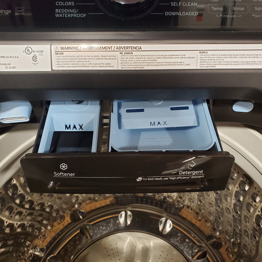 Samsung Brushed Black Top Load 5.2 Cu. Ft. Washer with SuperSpeed Wash WA52A5500AV - Certified Refurbished and Samsung Black Stainless Steel Electric 7.4 Cu. Ft. Dryer with Steam Sanitize DVE50R5400V - Certified Refurbished