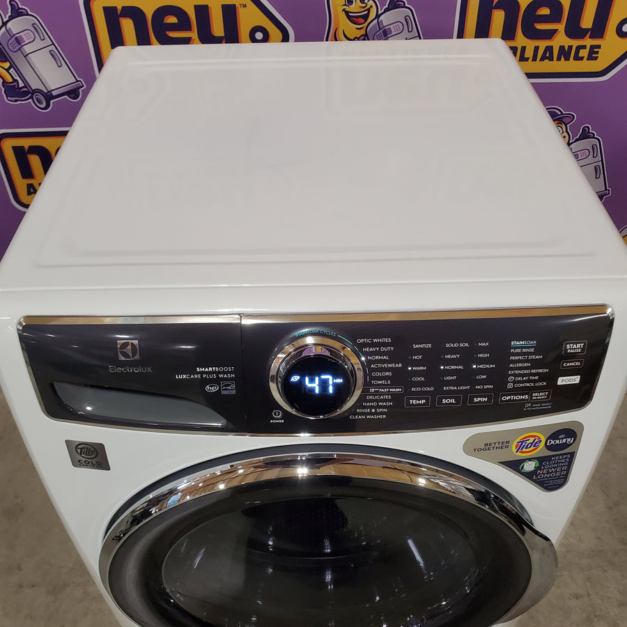 Electrolux 4.5 Cu.Ft. Stackable Front Load Washer with Steam and SmartBoost Wash System ELFW7637AW - Open Box and Electrolux 8.0 Cu. Ft. Front Load Perfect Steam™ Electric Dryer with Balanced Dry™ and Instant Refresh ELFE7626BW - Scratch & Dent (Minor)