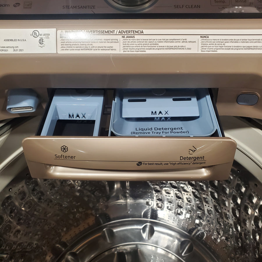 Samsung High Efficiency Extra Large ( 5.4-cu ft ) Top-Load Washer with Steam Cycle in Champagne WA54R7600AC - Certified Refurbished and Samsung 7.4-cu ft Vented Electric Dryer with Steam Cycle in Champagne DVE54R7600C - Certified Refurbished