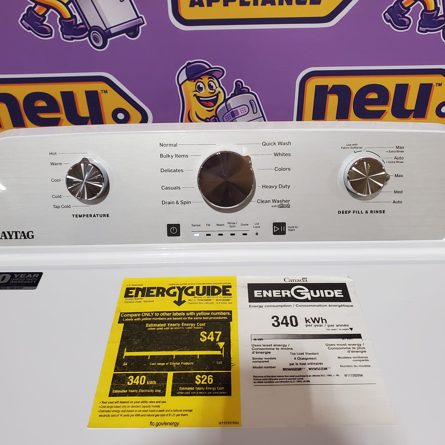 Maytag 4.5 cu. ft. Capacity Top Load Washer with Power™ Agitator and Deep Fill MVW4505MW - Open Box and Maytag 7.0 cu. ft. Capacity Top Load Electric Wrinkle Prevent Dryer 16288 - MED4500MW - Open Box
