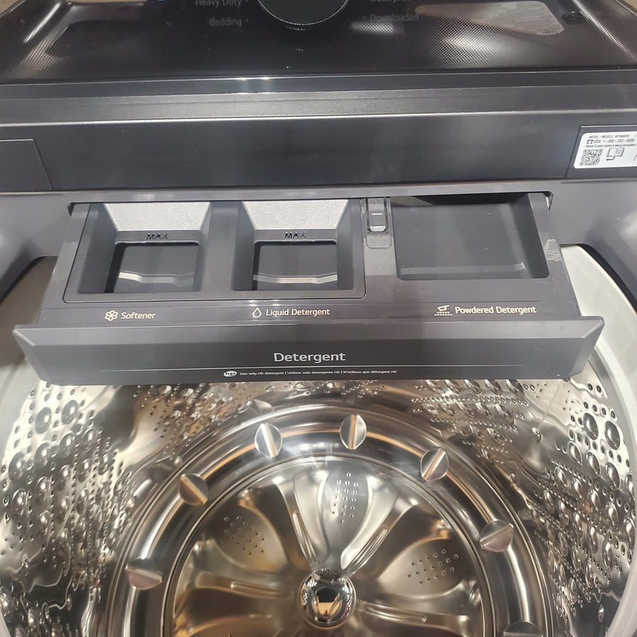 LG 5.5 cu. ft. SMART Top Load Washer in Matte Black with Impeller, Easy Unload and TurboWash3D Technology WT8400CB - Open Box and LG 7.3 cu. ft. Ultra Large Capacity Rear Control Electric Dryer with EasyLoad™ Door DLE8400BE - Scratch & Dent (Minor)