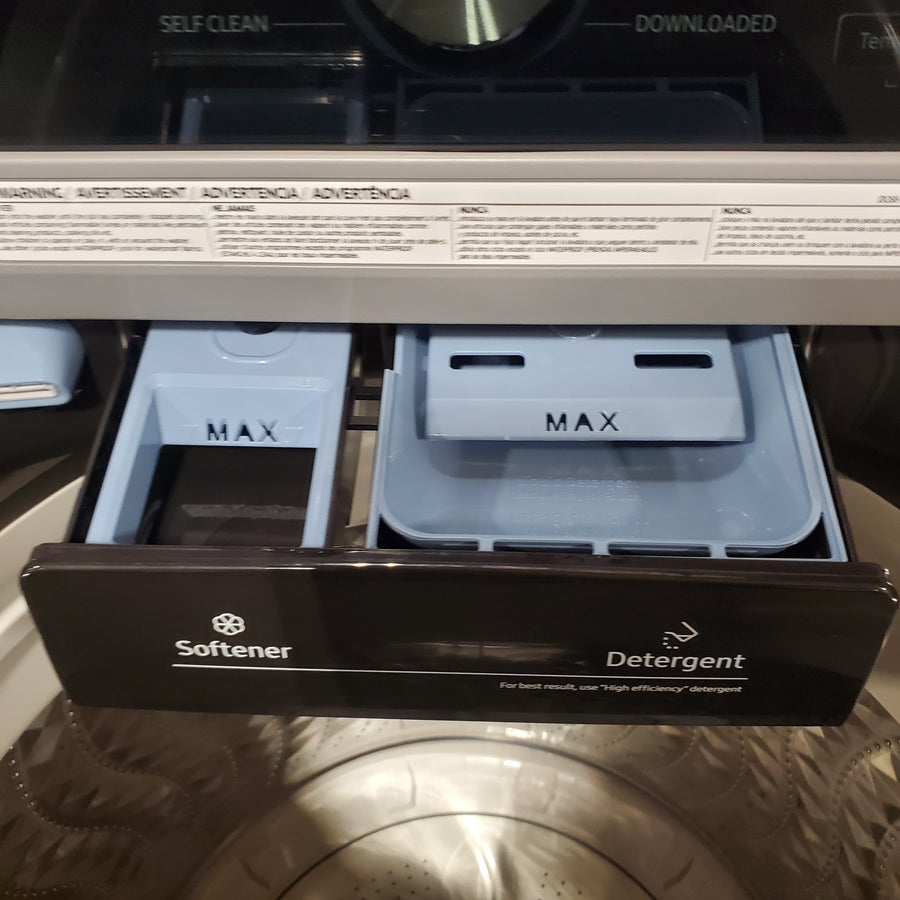 Samsung 4.7 cu. ft. Large Capacity Smart Top Load Washer with Active WaterJet in Brushed Black WA47CG3500AV - Scratch & Dent (Minor) and Samsung Brushed Black 7.4 cu. ft. Smart Electric Dryer with Sensor Dry DVE47CG3500V - Scratch & Dent (Major)