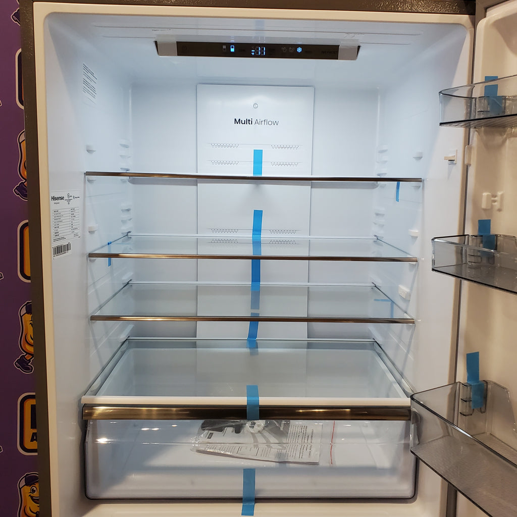 Pictures of Hisense Counter Depth Bottom Freezer 17.2 Cu. Ft. Refrigerator with LED Lighting and Super Cool and Super Freeze in Fingerprint Stainless Steel 22221422 - HRB171N6ASE - Scratch and Dent (Moderate) - Neu Appliance Outlet - Discount Appliance Outlet in Austin, Tx