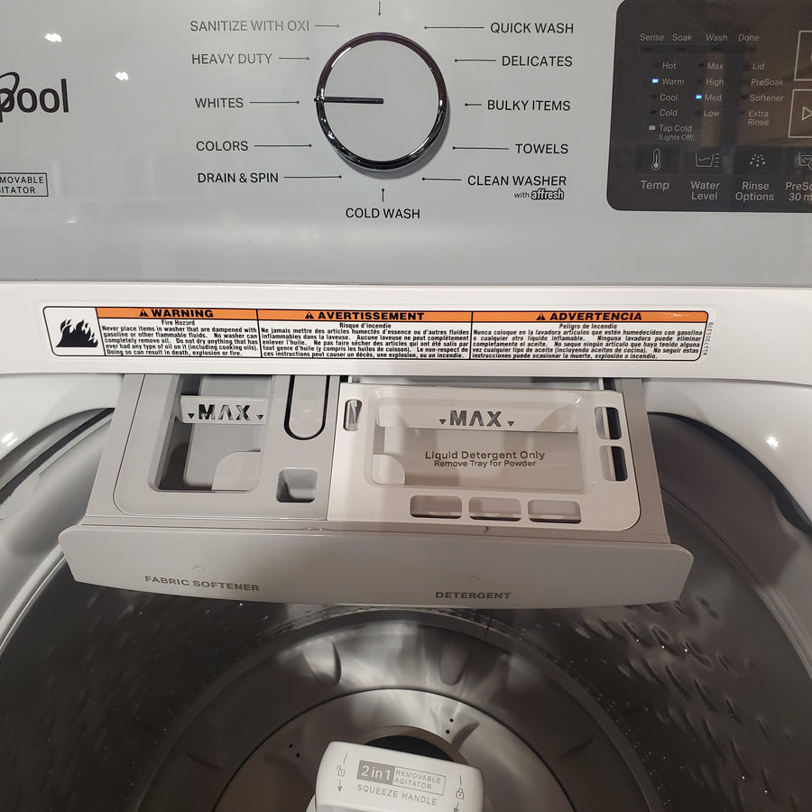 Whirlpool 4.2-4.3 Cu. Ft. Top Load Washer with 2-in-1 Removable Agitator and Soft Close Glass Lid WTW4307SW - Scratch & Dent (Minor) and Whirlpool 7.0 cu. ft. Electric Dryer with Adaptive Dry and Wrinkle Shield™ Option WED4307SW - Open Box