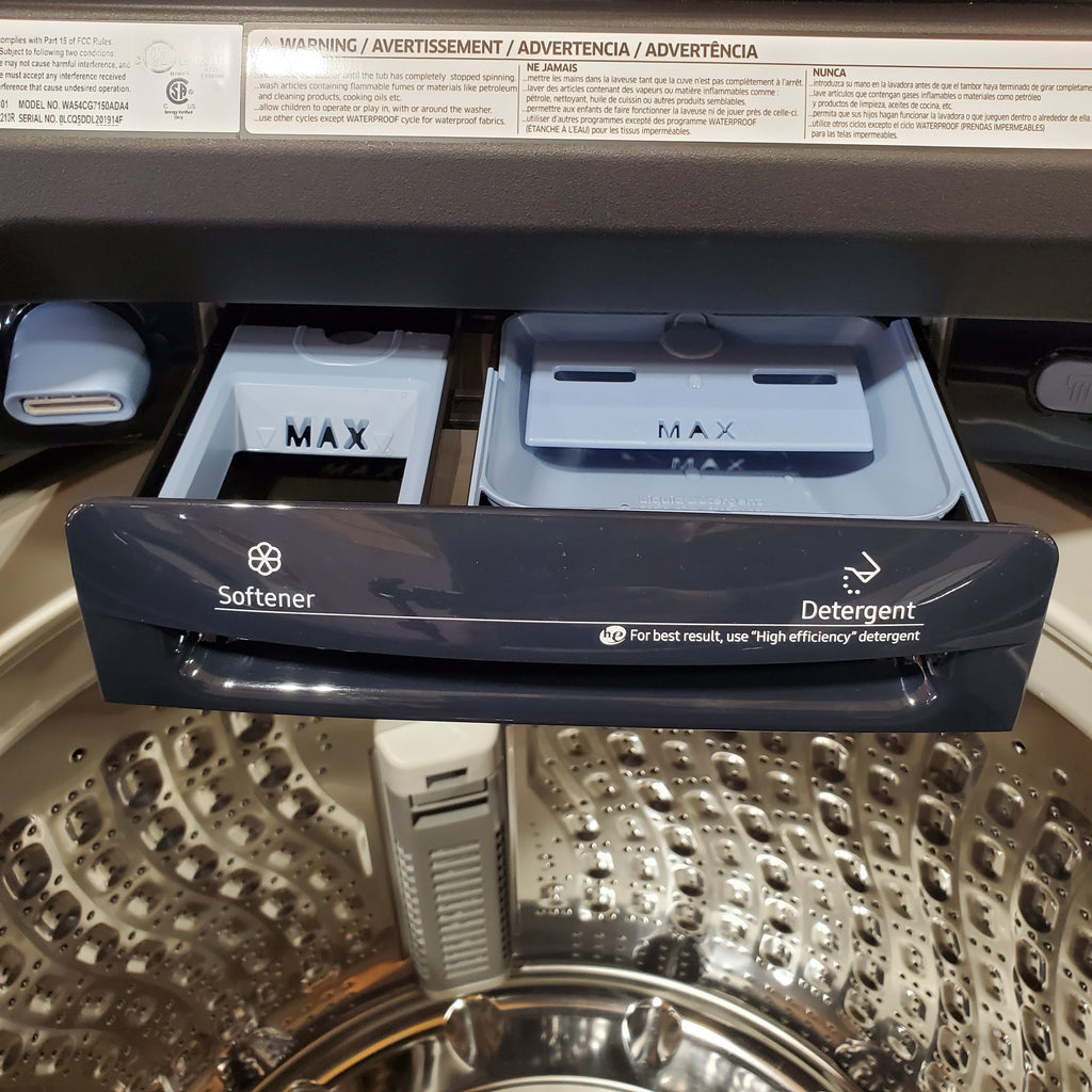 Samsung 5.4 cu. ft. Smart Top Load Washer with Pet Care Solution and Super Speed Wash WA54CG7150AD - Scratch & Dent (Minor) and  7.4 cu. ft. Smart Vented Electric Dryer with Pet Care Dry and Steam Sanitize+ 16262 - DVE54CG7150D - Open Box