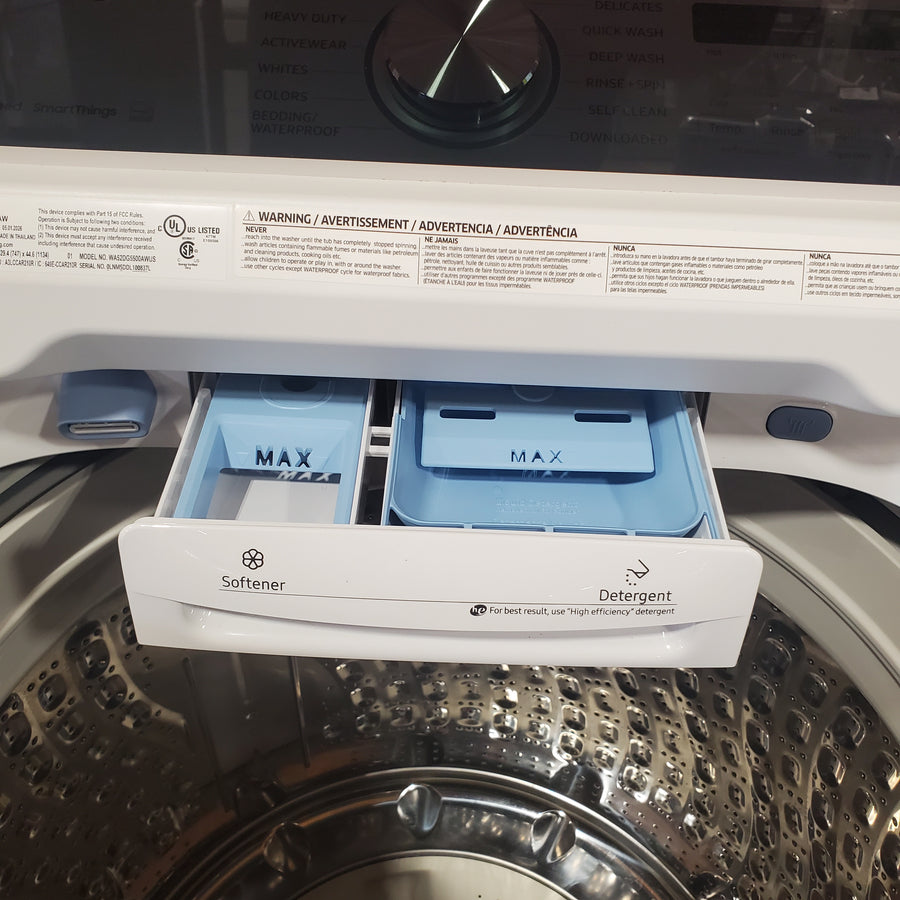 Samsung 5.2 cu. ft. Large Capacity Smart Top Load Washer with Super Speed Wash in White WA52DG5500AW - Scratch & Dent (Minor) and Samsung White Smart Electric 7.4 Cu. Ft. Dryer with Sensor Dry and Steam Sanitize+ DVE52A5500W - Scratch & Dent (Moderate)