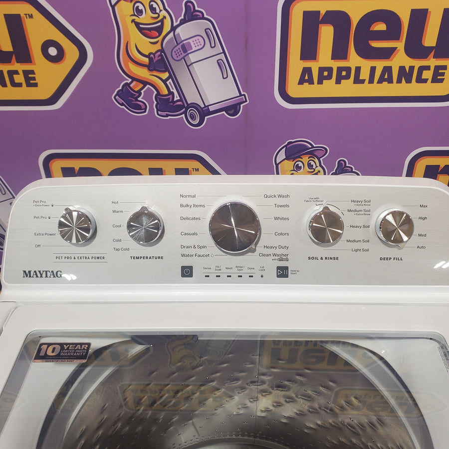 Maytag 4.7 cu. ft. Top Load Washer with Agitator, Pet Pro Option and Extra Power in White MTW5605RW - Open Box and Maytag 7.0 cu. ft. Capacity Top Load Electric Wrinkle Prevent Dryer MED4500MW - Scratch & Dent (Minor)