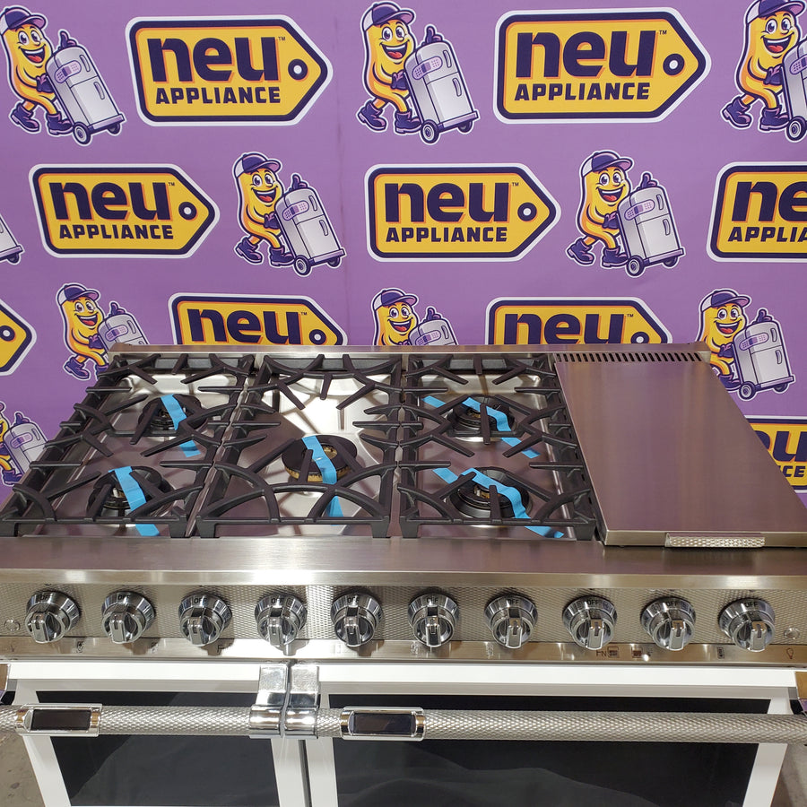 Hestan 48 Inch Freestanding Dual Fuel Range with 5 Burners, 12 Inch Griddle, Heavy-Duty Cast Iron Grates, CircuFlame™, Dual-Flow Burner, Electronic Ignition/Reignition, and PureVection™ KRD485GD-NG-WH - Open Box