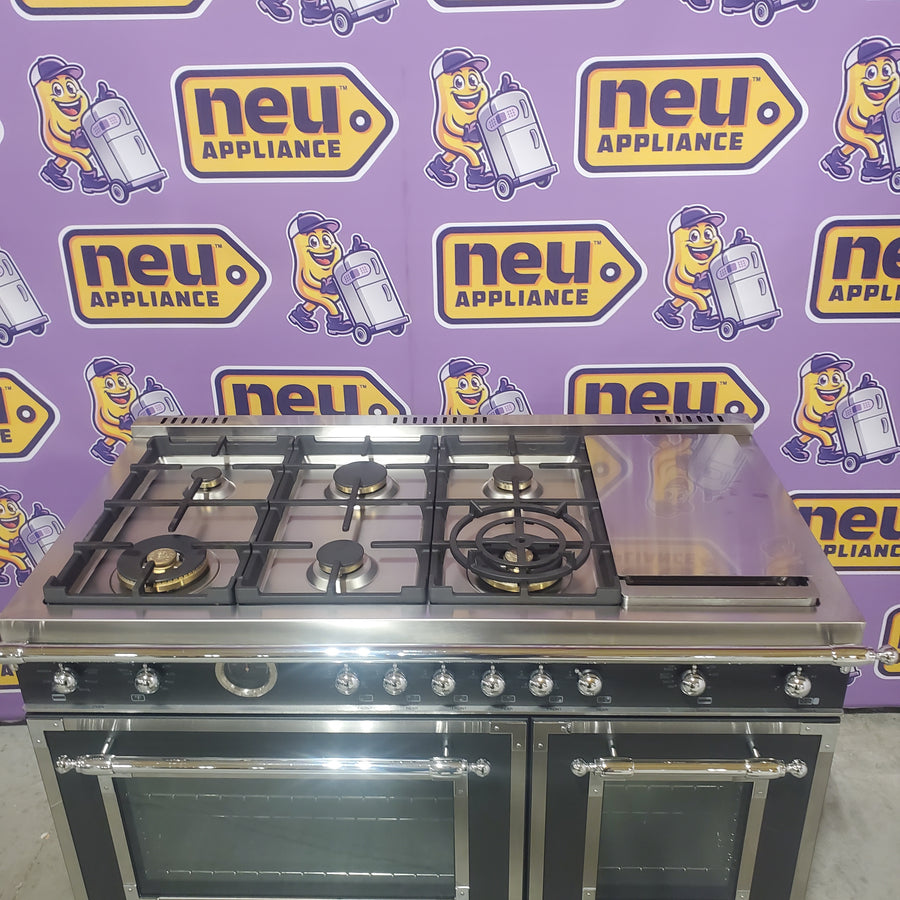 Bertazzoni 48 Inch Freestanding Dual Fuel Range with 6 Sealed Burners, Double Oven, 7 Cu. Ft. Total Capacity, Continuous Grates, Self Clean, Elegant Digital Gauge, and Dual Diagonal Convection Fans HERT486GDFSNET - Open Box