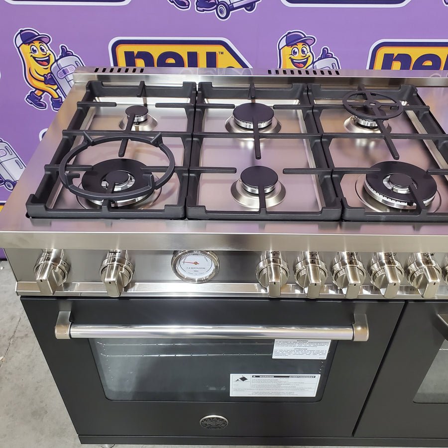 Bertazzoni 48 Inch Freestanding Gas Range with 6 Sealed Burners, Integrated Electric Griddle, 7.1 cu. ft. Total Oven Capacity, and Double Oven MAS486GGASNEV - Open Box