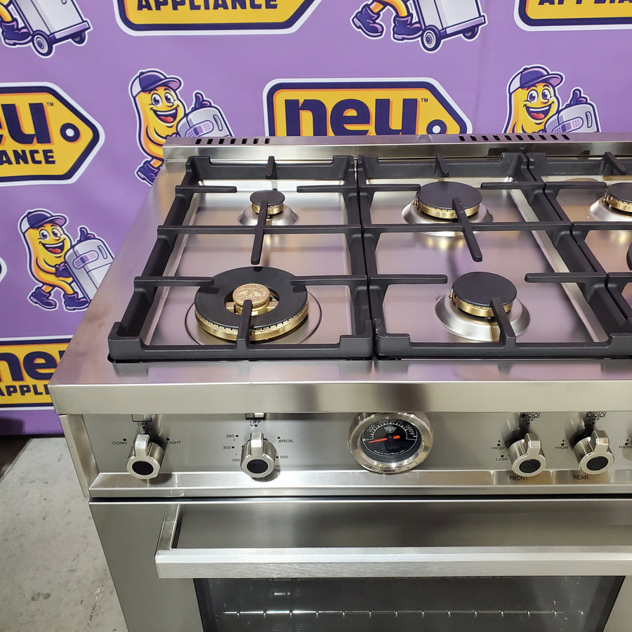 Bertazzoni 48 Inch Freestanding Gas Range with 6 Sealed Burners, 7.1 cu. ft. Total Capacity, Dual Convection, and Electric Griddle PRO486BTFGMXT - Scratch & Dent (Minor)