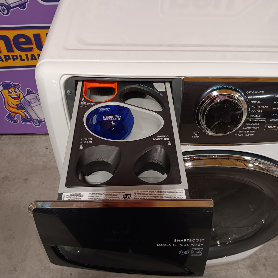 Electrolux 4.5 Cu.Ft. Stackable Front Load Washer with Steam and SmartBoost Wash System ELFW7637AW  - Open Box and Electrolux 8.0 Cu. Ft. Front Load Perfect Steam™ Gas Dryer with LuxCare® Dry and Instant Refresh ELFG7626BW - Scratch & Dent (Minor)