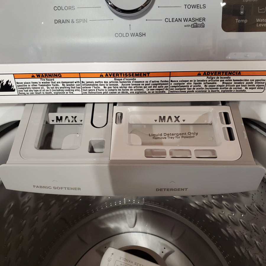 Whirlpool 4.2-4.3 Cu. Ft. Top Load Washer with 2-in-1 Removable Agitator and Soft Close Glass Lid WTW4307SW - Open Box and Whirlpool 7.0 cu. ft. Electric Dryer with Adaptive Dry and Wrinkle Shield™ Option WED4307SW - Open Box