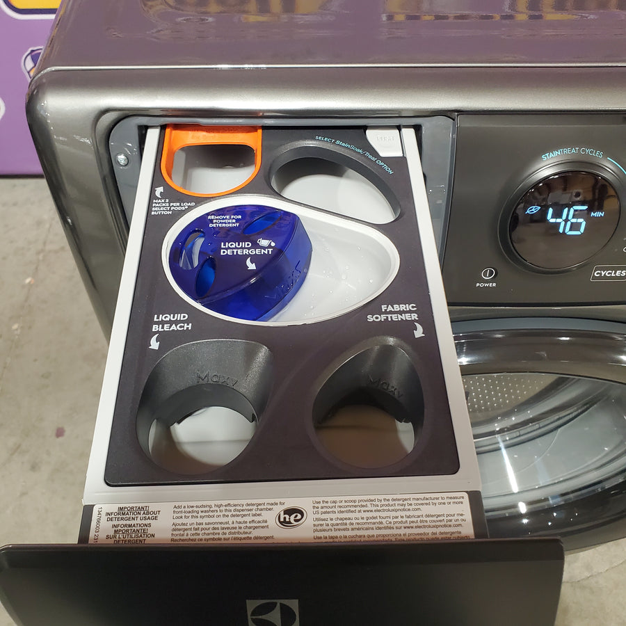 Electrolux 400 Series Front Load Washer - 4.5 Cu. Ft. ELFW7437AT - Scratch & Dent (Minor) and Electrolux 8-cu ft Stackable Vented Electric Dryer with Steam Cycle in Titanium ELFE7437AT - Scratch & Dent (Minor)