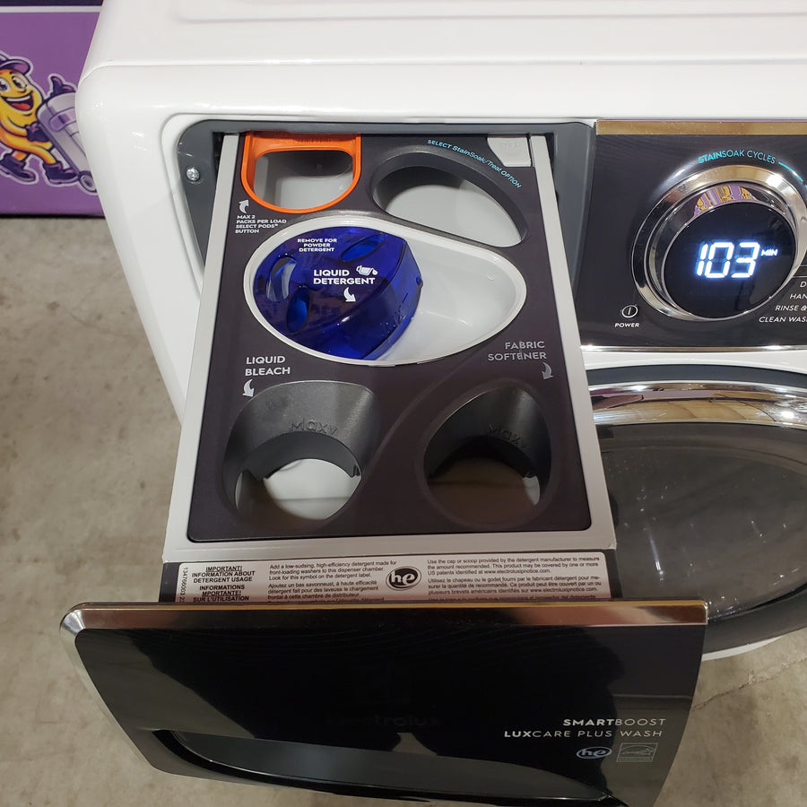 Electrolux 4.5 Cu.Ft. Stackable Front Load Washer with Steam and SmartBoost Wash System ELFW7637AW - Scratch & Dent (Moderate) and Electrolux 8.0 cu. ft. Front Load Electric Dryer with Perfect Steam ELFE7637AW - Scratch & Dent (Minor)