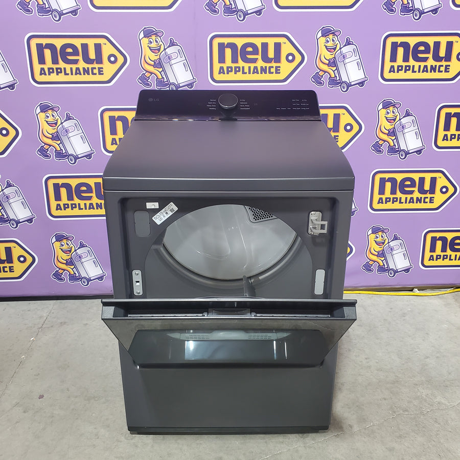 LG 5.5 cu. ft. SMART Top Load Washer in Matte Black with Impeller, Easy Unload and TurboWash3D Technology WT8400CB - Open Box and LG 7.3 cu. ft. Ultra Large Capacity Rear Control Electric Dryer with EasyLoad™ Door DLE8400BE - Scratch & Dent (Minor)