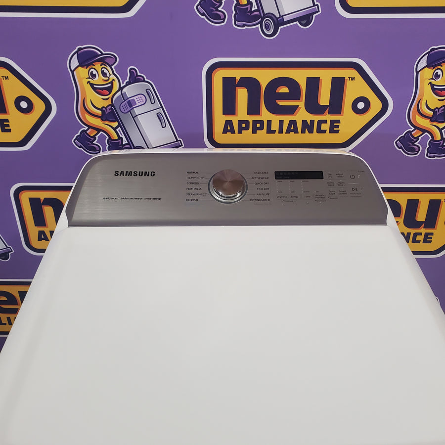 Samsung 5.2 cu. ft. Large Capacity Smart Top Load Washer with Super Speed Wash in White WA52DG5500AW - Scratch & Dent (Minor) and Samsung White Smart Electric 7.4 Cu. Ft. Dryer with Sensor Dry and Steam Sanitize+ DVE52A5500W - Scratch & Dent (Moderate)