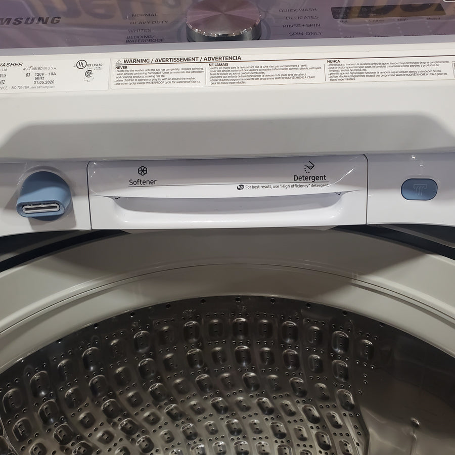Samsung 5.0 cu. ft. Top Load Washing Machine with Active Water Jet WA50R5200AW - Scratch & Dent (Moderate) and Samsung White Smart Electric 7.4 Cu. Ft. Dryer with Sensor Dry and Steam Sanitize+ DVE52A5500W - Scratch & Dent (Minor)