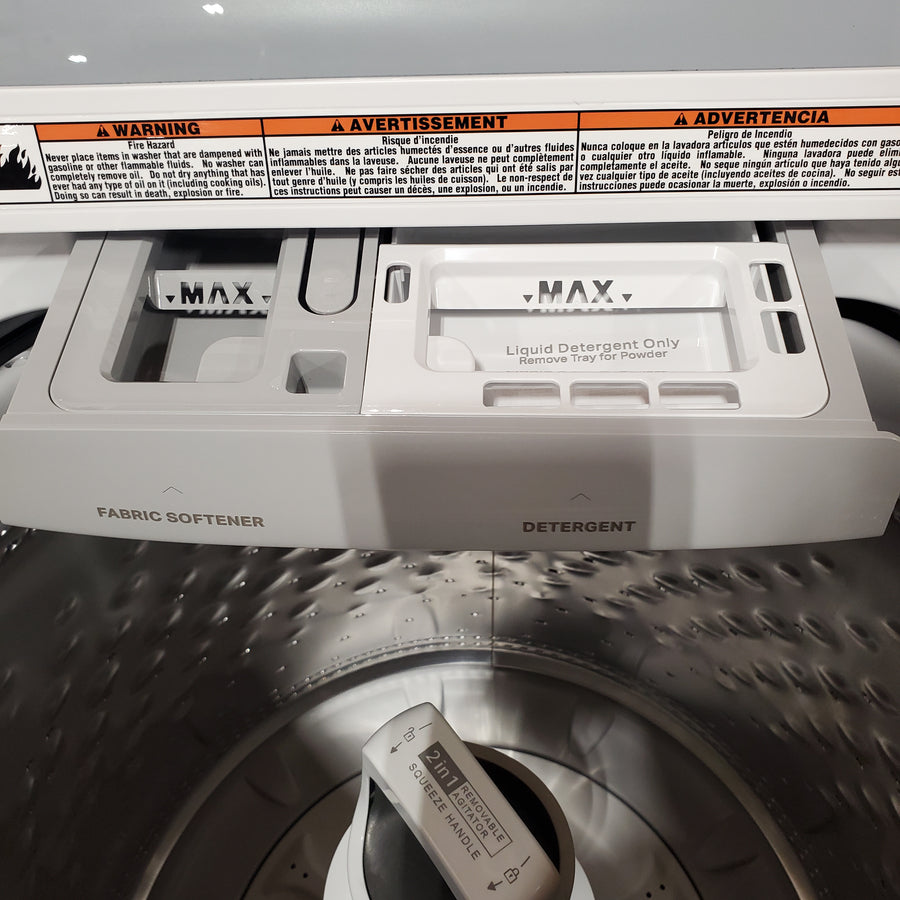 Whirlpool 4.2-4.3 Cu. Ft. Top Load Washer with 2-in-1 Removable Agitator and Soft Close Glass Lid WTW4307SW - Open Box and Whirlpool 7.0 cu. ft. Electric Dryer with Adaptive Dry and Wrinkle Shield™ Option WED4307SW - Scratch & Dent (Minor)