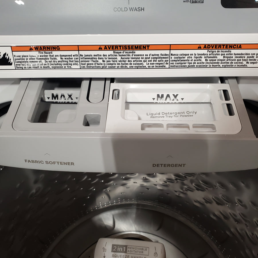 Whirlpool 4.2-4.3 Cu. Ft. Top Load Washer with 2-in-1 Removable Agitator and Soft Close Glass Lid WTW4307SW - Open Box and Whirlpool 7.0 cu. ft. Electric Dryer with Adaptive Dry and Wrinkle Shield™ Option WED4307SW - Scratch & Dent (Minor)