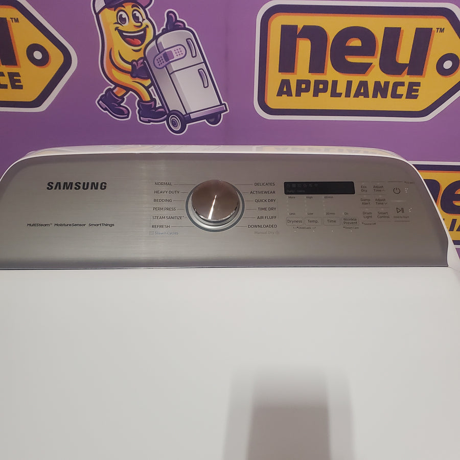 Samsung 5.2 cu. ft. Large Capacity Smart Top Load Washer with Super Speed Wash in White WA52DG5500AW - Scratch & Dent (Minor) and Samsung White Smart Electric 7.4 Cu. Ft. Dryer with Sensor Dry and Steam Sanitize+ DVE52A5500W - Scratch & Dent (Minor)