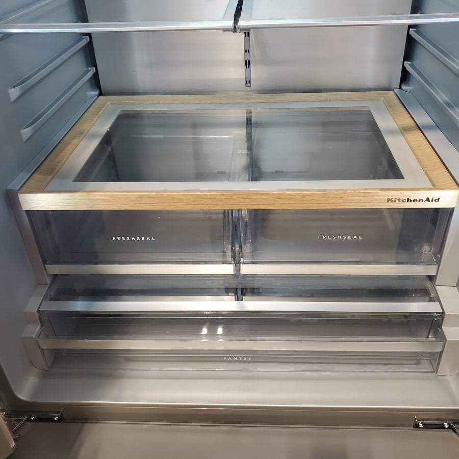 KitchenAid 36 in. 30 cu. ft. Standard Depth French Door Refrigerator in PrintShield Stainless with Exterior Water and Ice KRFF436SPS - Scratch & Dent (Moderate)