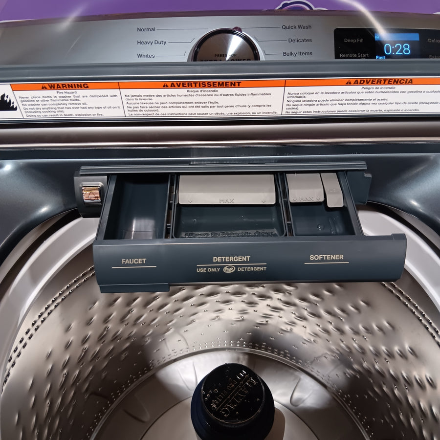 Maytag 5.2 cu. ft. Pet Pro Top Load Washer in Midnight Steel with Agitator, Extra Power and Sanitize Cycle with Oxi MTW7205RF - Open Box and Maytag 7.4 cu. ft. Smart Top Load Electric Dryer with Extra Power 16271 - MED6230HC - New in Box