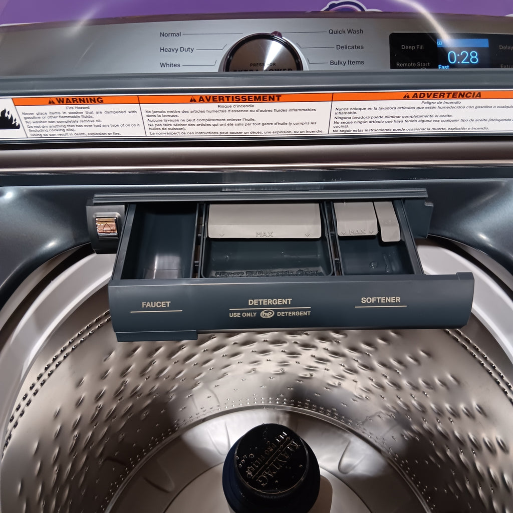 Maytag 5.2 cu. ft. Pet Pro Top Load Washer in Midnight Steel with Agitator, Extra Power and Sanitize Cycle with Oxi MTW7205RF - Open Box and Maytag 7.4 cu. ft. Smart Top Load Electric Dryer with Extra Power 16271 - MED6230HC - New in Box