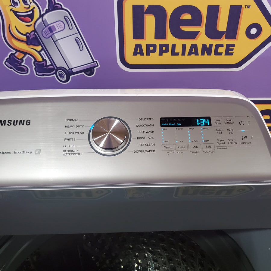 Samsung 5.2 cu. ft. Large Capacity Smart Top Load Washer with Super Speed Wash in White WA52DG5500AW - Scratch & Dent (Minor) and Samsung White Smart Electric 7.4 Cu. Ft. Dryer with Sensor Dry and Steam Sanitize+ DVE52A5500W - Scratch & Dent (Moderate)