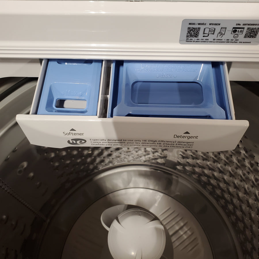 LG Top Load 4.1 Cu. Ft. Washer with TurboDrum Technology in White WT6105CW - Scratch & Dent (Moderate) and LG 7.3 Cu. Ft.  Electric Rear Control Ultra Large Capacity Dryer in White with Sensor Dry 16297 - DLE6100W - Open Box
