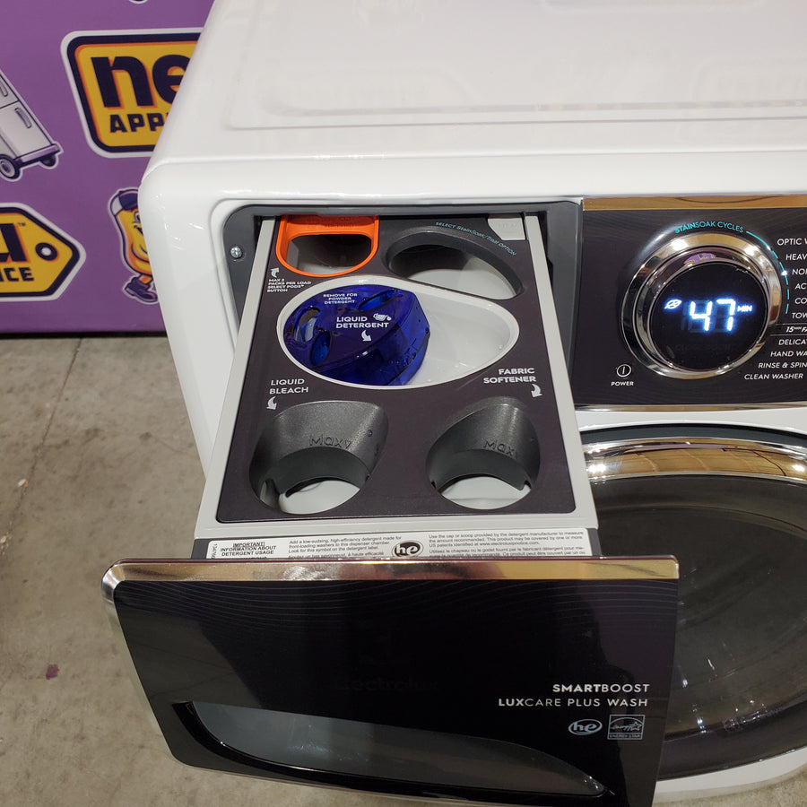 Electrolux 4.5 Cu.Ft. Stackable Front Load Washer with Steam and SmartBoost Wash System ELFW7637AW - Open Box and Electrolux 8.0 Cu. Ft. Front Load Perfect Steam™ Electric Dryer with Balanced Dry™ and Instant Refresh ELFE7626BW - Scratch & Dent (Minor)