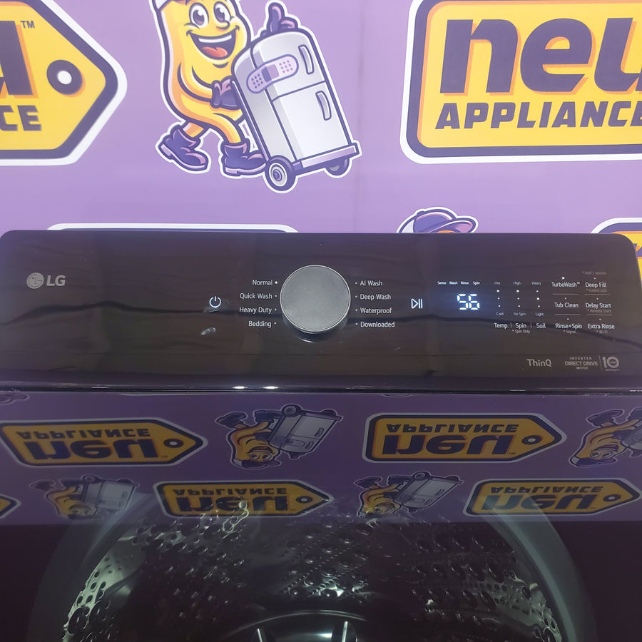 LG 5.5 cu. ft. SMART Top Load Washer in Matte Black with Impeller, Easy Unload and TurboWash3D Technology WT8400CB - Open Box and LG 7.3 cu. ft. Ultra Large Capacity Rear Control Electric Dryer with EasyLoad™ Door DLE8400BE - Scratch & Dent (Minor)