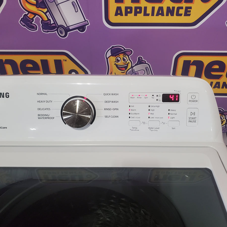 Samsung 4.5 cu. ft. Top Load Washer with Vibration Reduction Technology+ in White WA45T3200AW - Certified Refurbished and Samsung 7.2 cu. ft. Electric Dryer with Sensor Dry in White DVE45T3200W - Scratch & Dent (Minor)