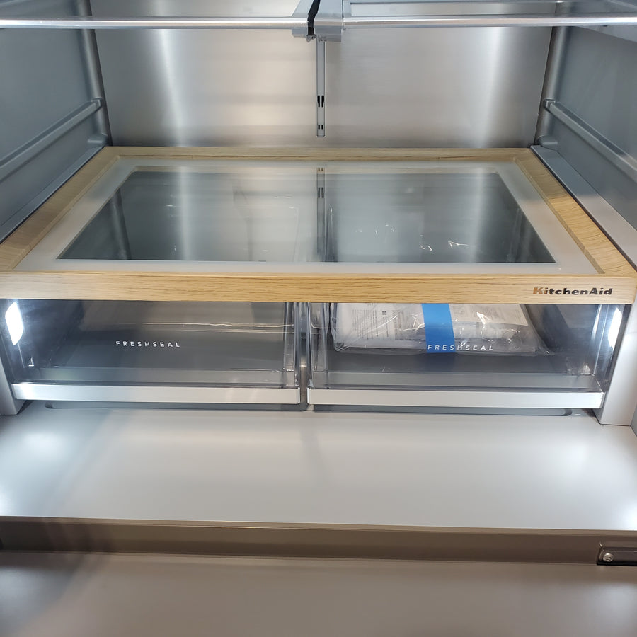 KitchenAid 36 in. 29 cu. ft. Standard Depth French Door Refrigerator in PrintShield Stainless with FreshChill Full-Width Drawer KRMF436SPS - Open Box