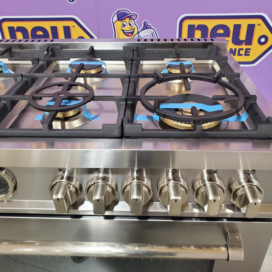 Bertazzoni 36 inch Dual Fuel Range, 6 Brass Burners and Cast Iron Griddle, Electric Self-Clean Oven MAST366DFSXT - Scratch & Dent (Minor)