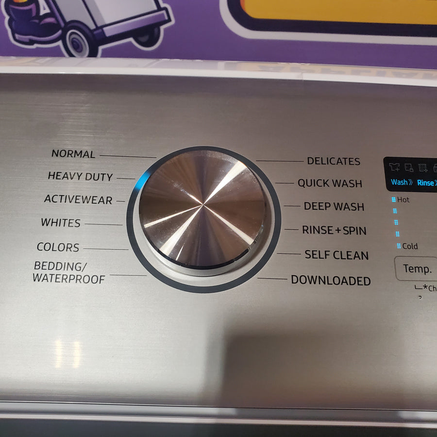 Samsung 5.2 cu. ft. Large Capacity Smart Top Load Washer with Super Speed Wash in White WA52DG5500AW - Scratch & Dent (Minor) and Samsung White Smart Electric 7.4 Cu. Ft. Dryer with Sensor Dry and Steam Sanitize+ DVE52A5500W - Scratch & Dent (Moderate)