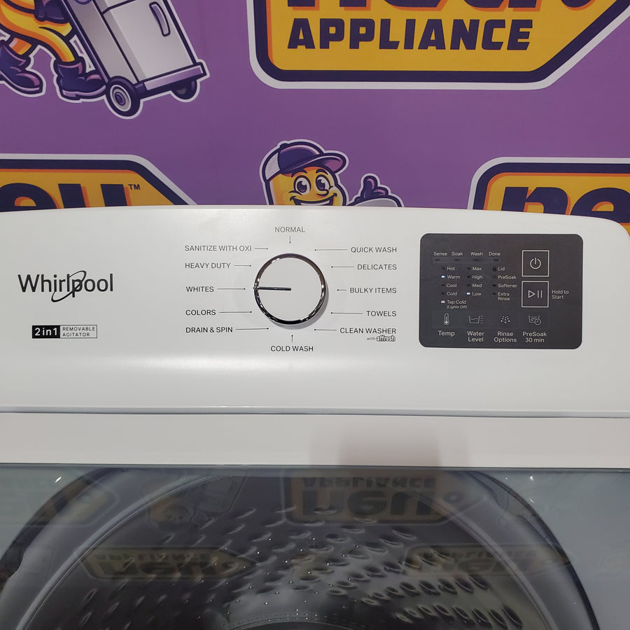 Whirlpool 4.2-4.3 Cu. Ft. Top Load Washer with 2-in-1 Removable Agitator and Soft Close Glass Lid WTW4307SW - Open Box and Whirlpool 7.0 cu. ft. Electric Dryer with Adaptive Dry and Wrinkle Shield™ Option WED4307SW - Open Box