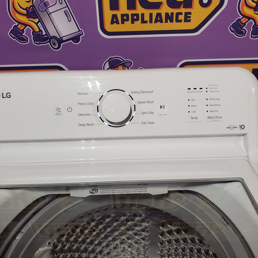 LG Top Load 4.1 Cu. Ft. Washer with TurboDrum Technology in White WT6105CW - Scratch & Dent (Moderate) and LG 7.3 Cu. Ft.  Electric Rear Control Ultra Large Capacity Dryer in White with Sensor Dry 16297 - DLE6100W - Open Box