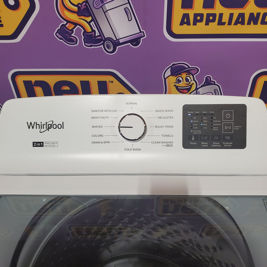 Whirlpool 4.2-4.3 Cu. Ft. Top Load Washer with 2-in-1 Removable Agitator and Soft Close Glass Lid WTW4307SW - Scratch & Dent (Minor) and Whirlpool 7.0 cu. ft. Electric Dryer with Adaptive Dry and Wrinkle Shield™ Option WED4307SW - Open Box