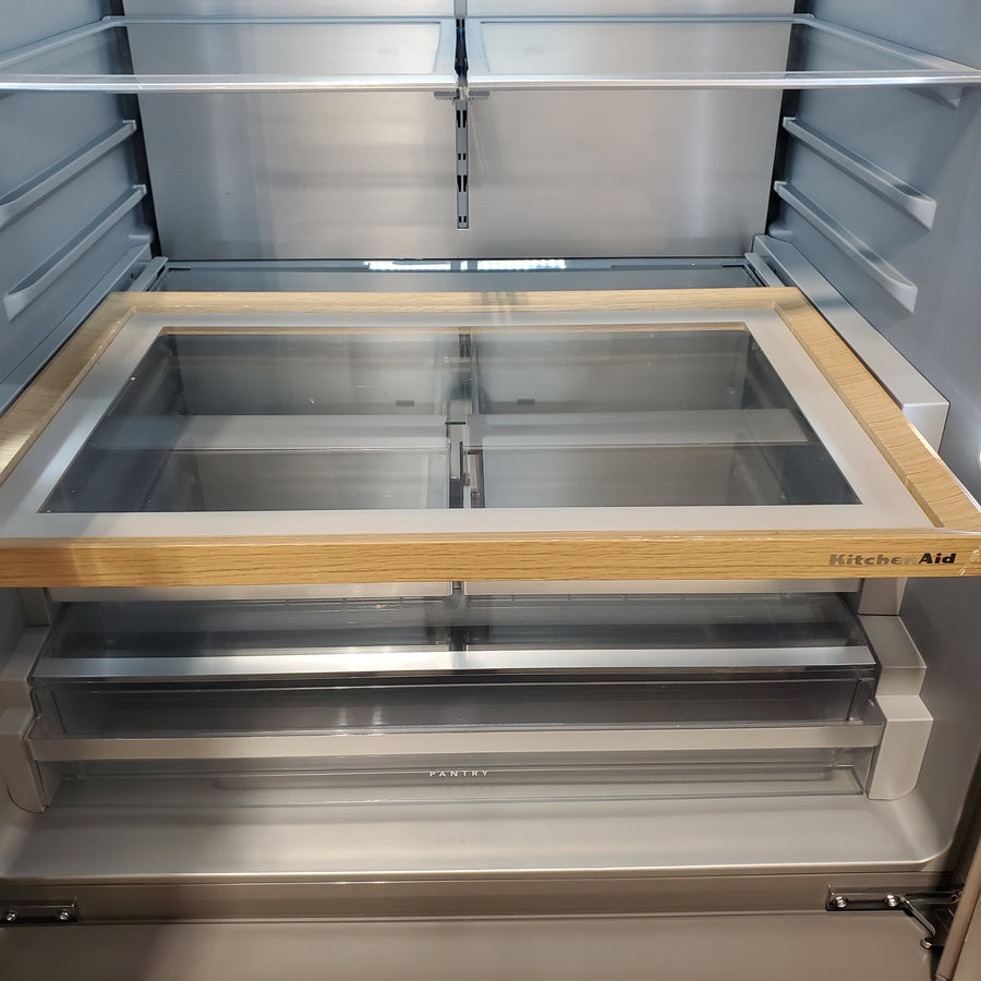 KitchenAid 36 in. 30 cu. ft. Standard Depth French Door Refrigerator in PrintShield Stainless with Exterior Water and Ice KRFF436SPS - Scratch & Dent (Moderate)