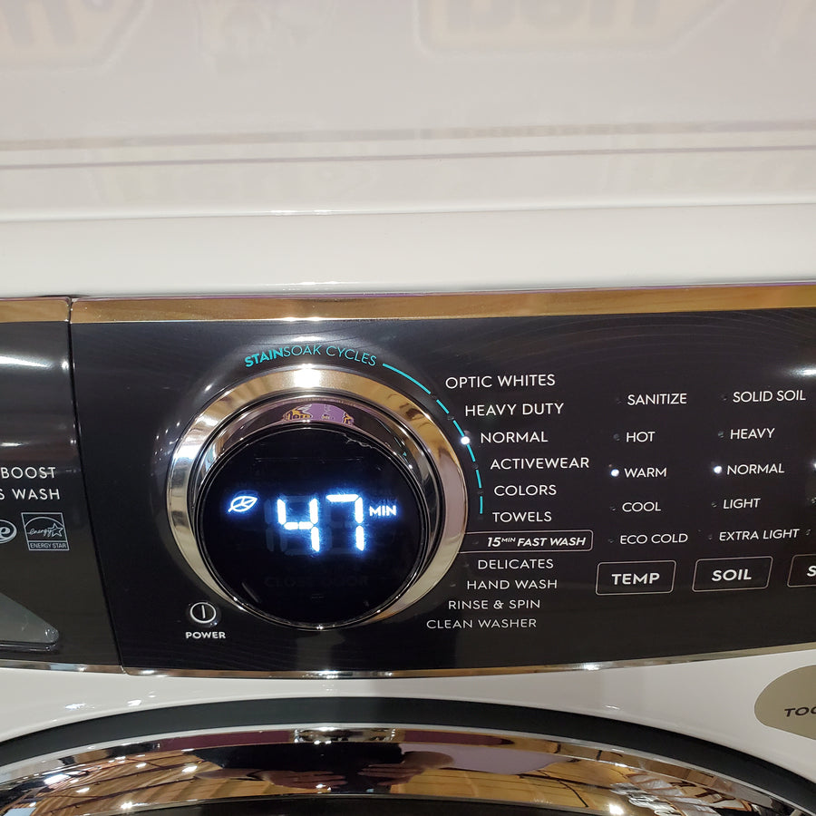 Electrolux 4.5 Cu.Ft. Stackable Front Load Washer with Steam and SmartBoost Wash System ELFW7637AW - Open Box and Electrolux 8.0 Cu. Ft. Front Load Perfect Steam™ Electric Dryer with Balanced Dry™ and Instant Refresh ELFE7626BW - Scratch & Dent (Minor)