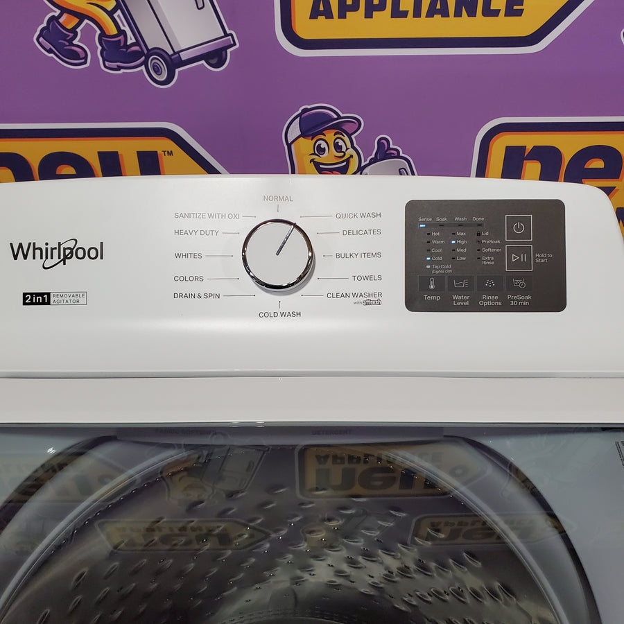 Whirlpool 4.2-4.3 Cu. Ft. Top Load Washer with 2-in-1 Removable Agitator and Soft Close Glass Lid WTW4307SW - Scratch & Dent (Minor) and Whirlpool 7.0 cu. ft. Electric Dryer with Adaptive Dry and Wrinkle Shield™ Option WED4307SW - Scratch & Dent (Minor)