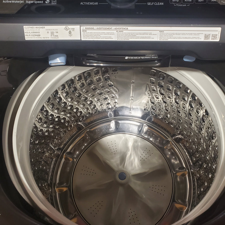 Samsung 5.0 cu. ft. Energy Star Top Load Washer with Active Water Jet in Black Stainless Steel WA50R5400AV - Certified Refurbished and Samsung Black Stainless Steel Electric 7.4 Cu. Ft. Dryer with Steam Sanitize DVE50R5400V - Certified Refurbished