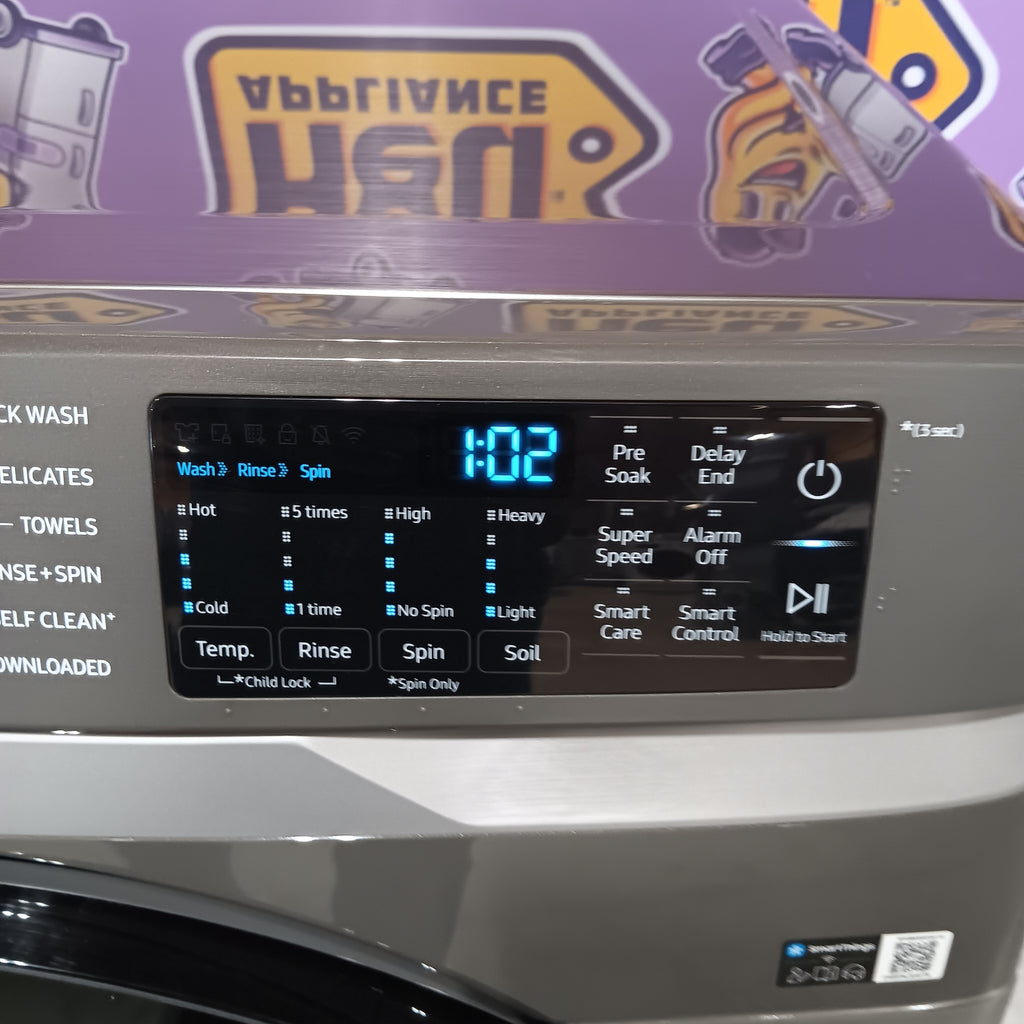 Samsung 4.5 cu. ft. Large Capacity Smart Front Load Washer with Super Speed Wash in Platinum WF45B6300AP - Scratch & Dent (Minor) and Samsung 7.5 cu. ft. Front Load Electric Dryer with Steam 16272 - DVE45B6300P - Scratch & Dent (Minor)