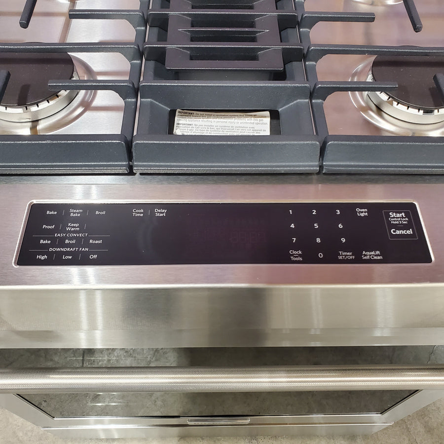 KitchenAid 4 Burners Convection Oven with Downdraft Exhaust Slide-In Dual Fuel Range in Stainless Steel KSDG950ESS - Scratch & Dent (Minor)
