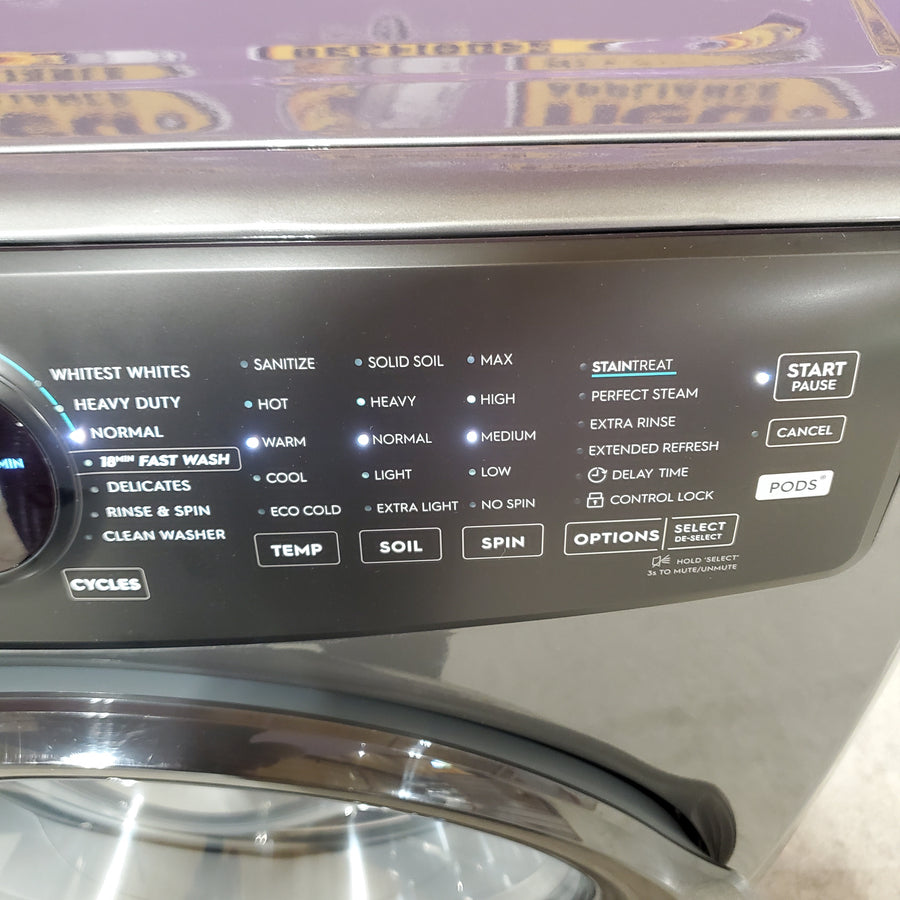 Electrolux 400 Series Front Load Washer - 4.5 Cu. Ft. ELFW7437AT - Scratch & Dent (Minor) and Electrolux 8-cu ft Stackable Vented Electric Dryer with Steam Cycle in Titanium ELFE7437AT - Scratch & Dent (Moderate)