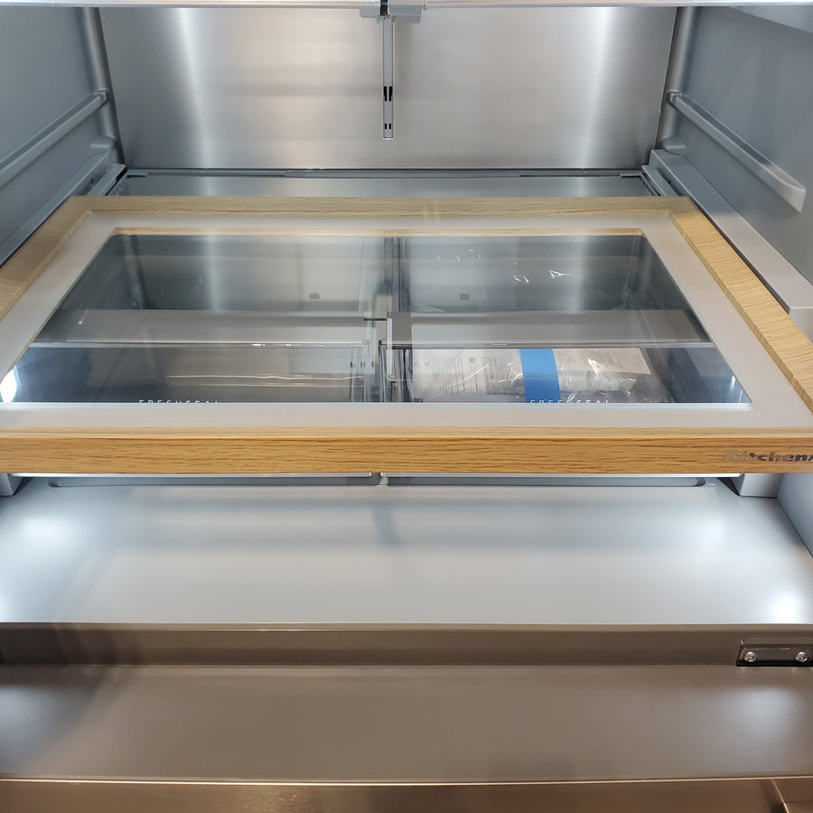 KitchenAid 36 in. 29 cu. ft. Standard Depth French Door Refrigerator in PrintShield Stainless with FreshChill Full-Width Drawer KRMF436SPS - Open Box